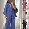 Women's Loose Two Piece Outfit Long Sleeve V Neck One Button Shirts High Waist Pants Set Casual Lounge Set