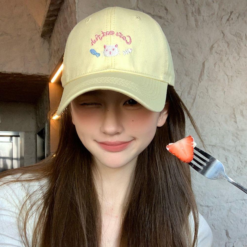 Вышитая шляпа-зонтик с изображением кота Повседневная кепка Милая мультяшная бейсболка для студентов