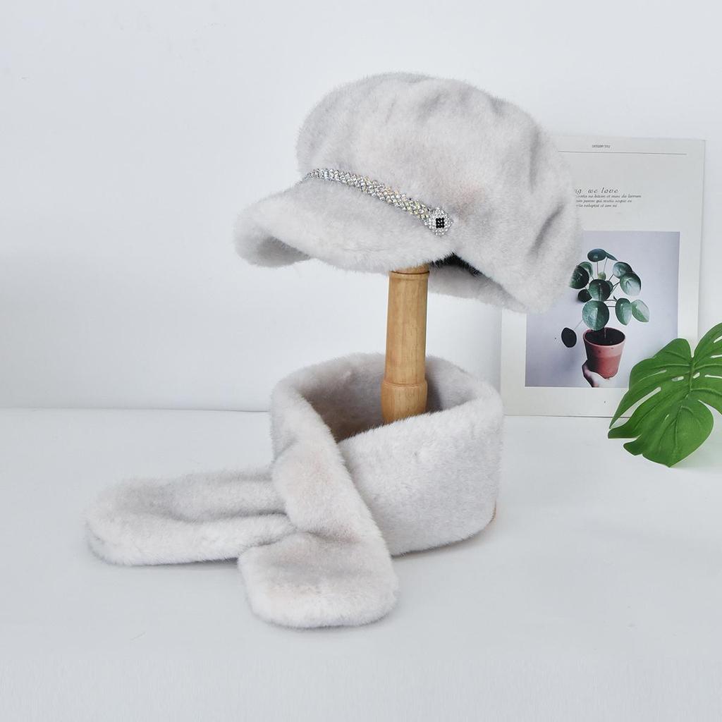 Роскошная берет-шапка из искусственного меха норки с козырьком для женщин, Зимний комплект: шапка и шарф, Уличный берет с козырьком, украшенный стразами