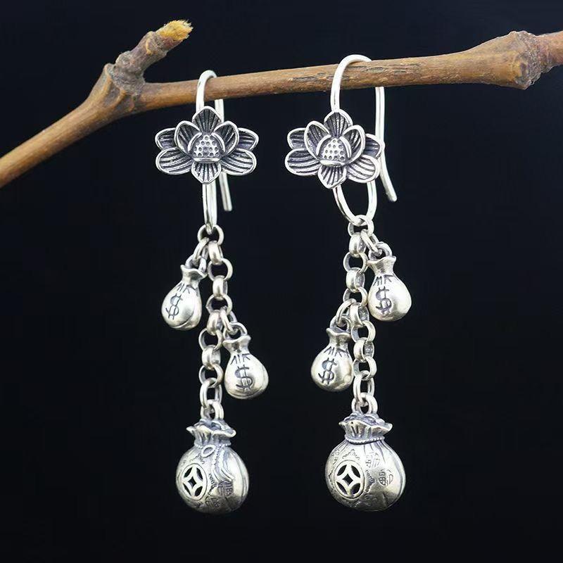 Tassel earrings retro style ethnic money bag earrings lotus antique money bag classical fashion versatile