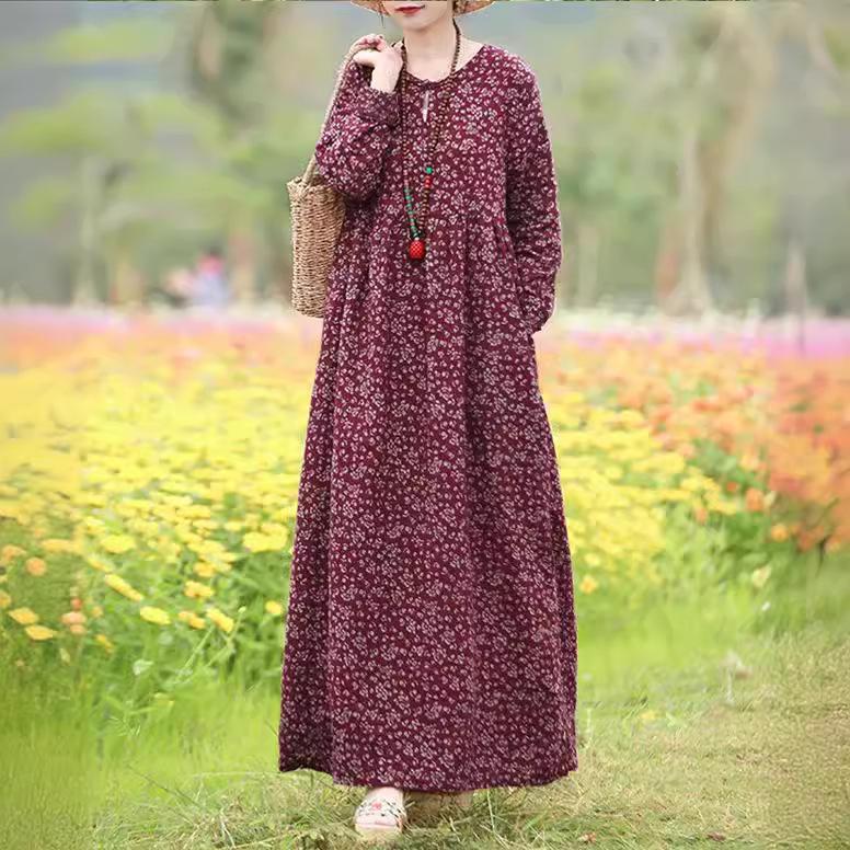 Spring Autumn Floral Print Vintage Casual O-neck Long Sleeve Long Dress Kaftan Robes Casual Baggy Party Tunic