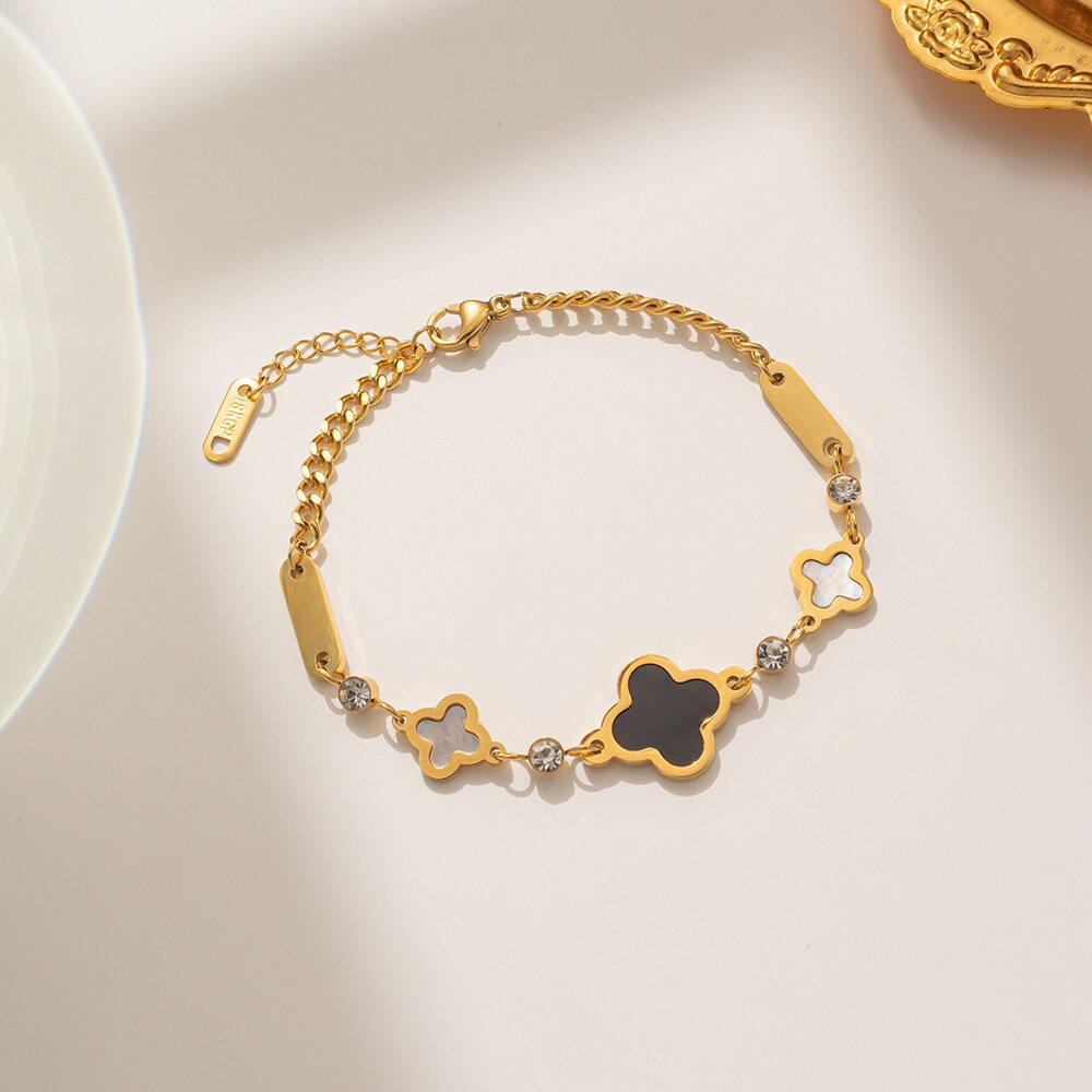 Темпераментный двусторонний браслет из нержавеющей стали, черный/цвет ракушки, четырехлистный клевер, элегантный браслет из розового золота