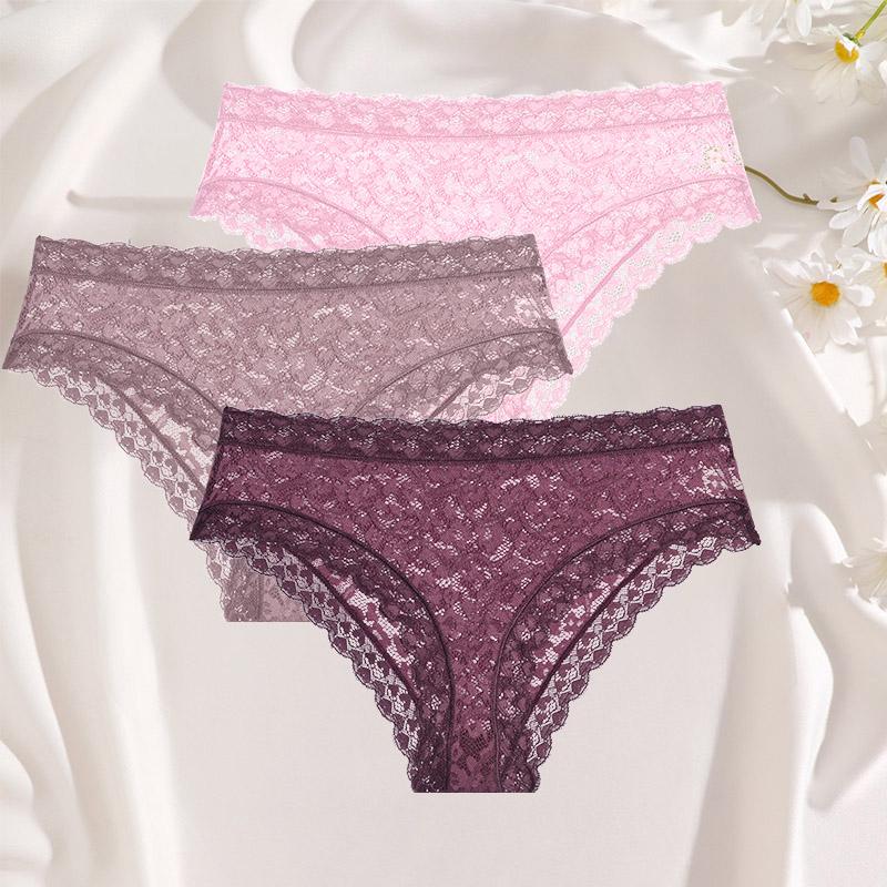 3Pcs Ladies' Sexy Lace Underwears Transparent Sexy Briefs Lace-Trimmed Comfortable Panties Cotton Breathable Crotch