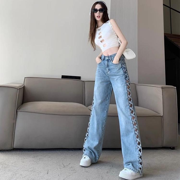 Fashionable Side Hollow High Waist Wide Leg Jeans with Loose Design for Women In Summer