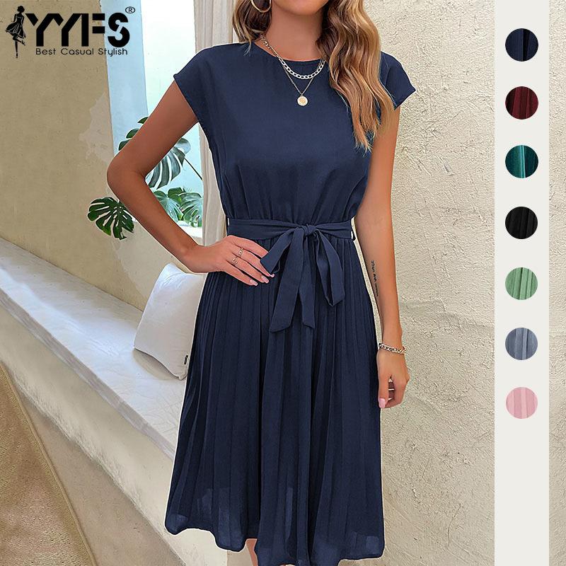 YYFS Женская мода лето весна однотонный принт с коротким рукавом и круглым вырезом повседневные платья