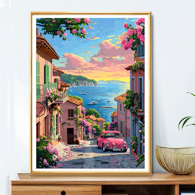 5d DIY Diamond Painting Cross Stitch Seaside Town Scenery Diamond Embroidery Mosaic Full Round Drill Home Decor