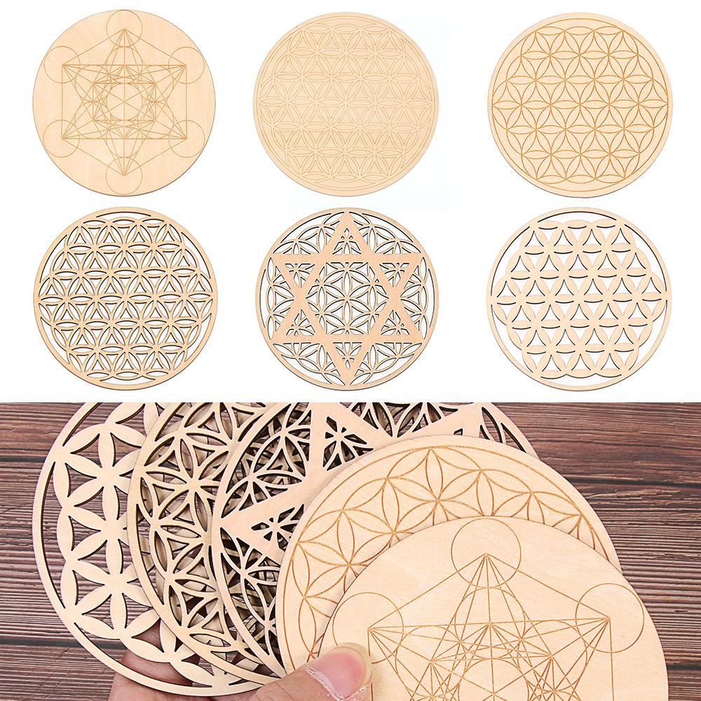 Collectibles Flower of life Decor Healing Circles Carved Round Edge Wood Chakra Pattern Coaster