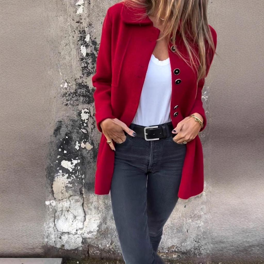 Женское осенне-зимнее повседневное однобортное шерстяное пальто с отложным воротником