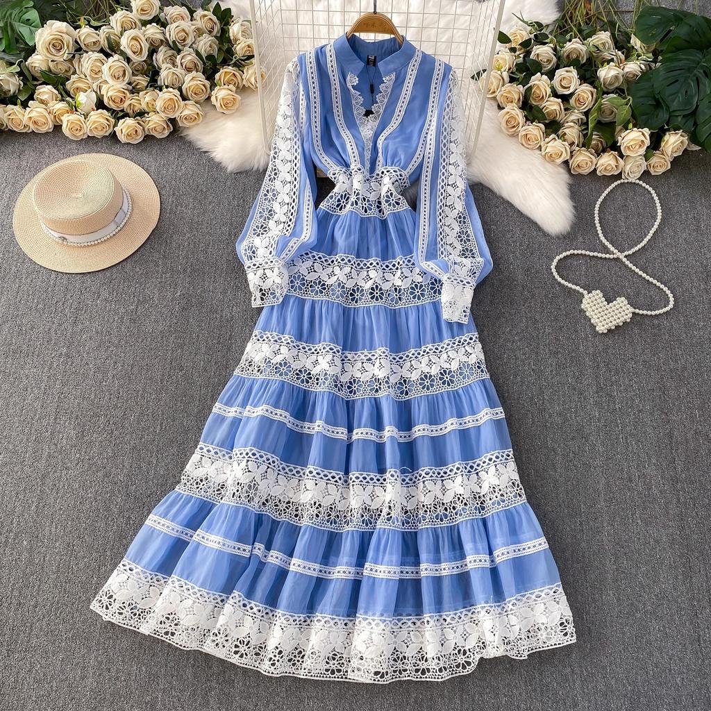 Роскошные Дизайнерские Осенние Вечерние Платья для Выпускного с Ажурной Вышивкой для Женщин, Кружевной Пэчворк, V-образный Вырез, Длинный Рукав-фонарик, Макси-платье