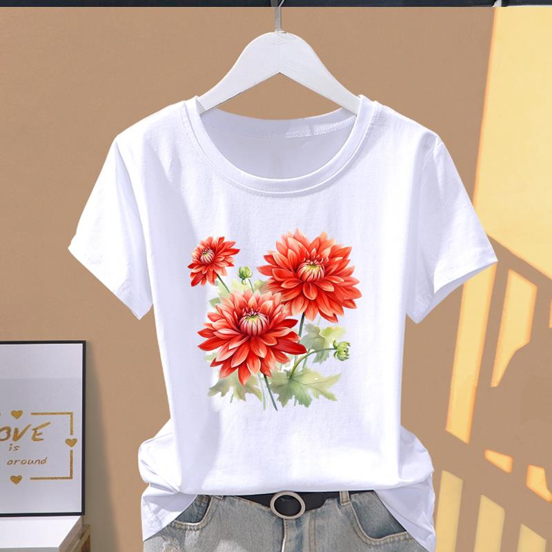 (Asian Size) Graphic Tee Casual T Clothing Sweet Flower Floral Trend Cute Print Female Casual Women's Top Fashion Short Sleeve T-shirt