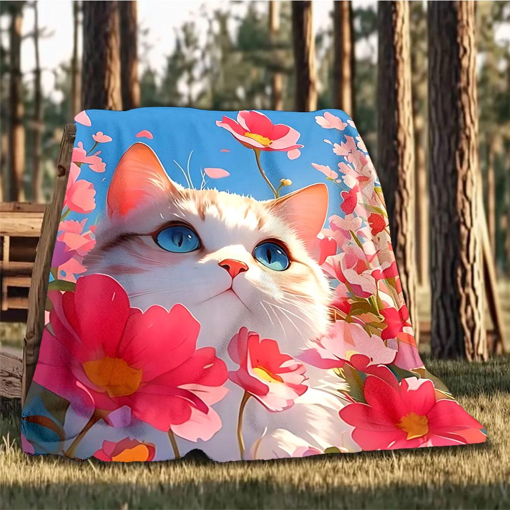 1pc Floral Cat Print Outdoor Flannel Blanket , Machine Washable Perfect Gift for Birthday , Holiday Travel Accessory , Durable Material