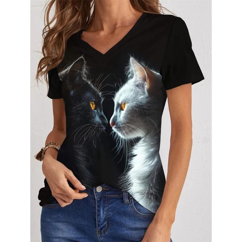 Casual Fashion Simple Abstract Painting Animal Black and White Cat Breathable 3D Printed V-neck Short Sleeve T-shirt Casual Sports Shirt