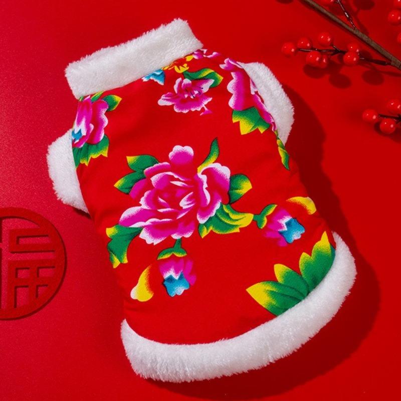 Осенне-зимняя одежда для собак, утолщенная, теплая, с подкладкой из бархата, цветочная куртка, для собак породы тедди, маленьких собак, кошек, питомцев, рождественские party-костюмы, китайский жилет для питомцев