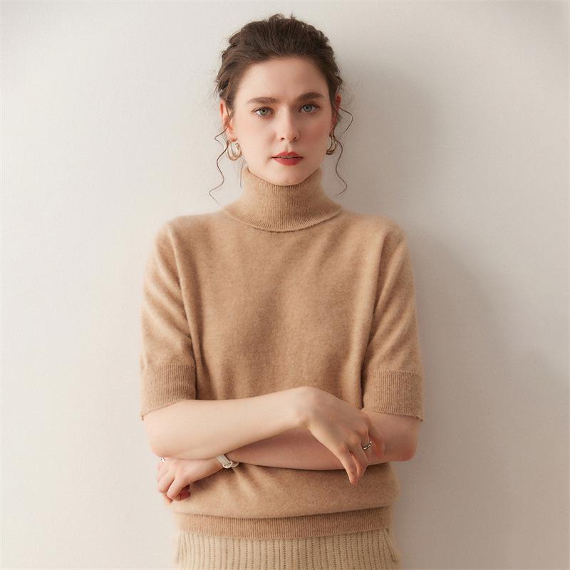 2025 Autumn/Winter Cashmere Loose Knit Top with Half-High Neck & Five-Point Sleeves
