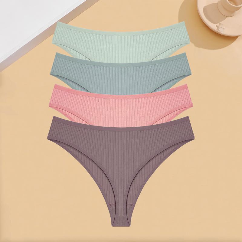 FINETOO 4Pcs Cotton Ribbed Underwear Women's Sexy Low-Waist Breathable Thongs Girls Sports Panties Stretchy T Back Soft Lingerie