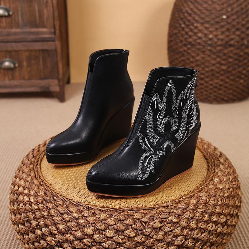 2024 Autumn Early Winter Shoes Women Ankle Boots Platform Modern Ladies Wedge Heels 10cm Flowers Pure Black Plus Size 42 D151