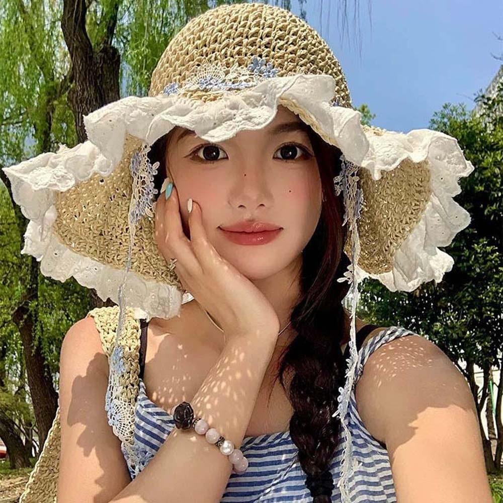 Breathable Big Brimmed Straw Hat with Garland Woven Sun Cap Vacation Beach Cap  Masquerade