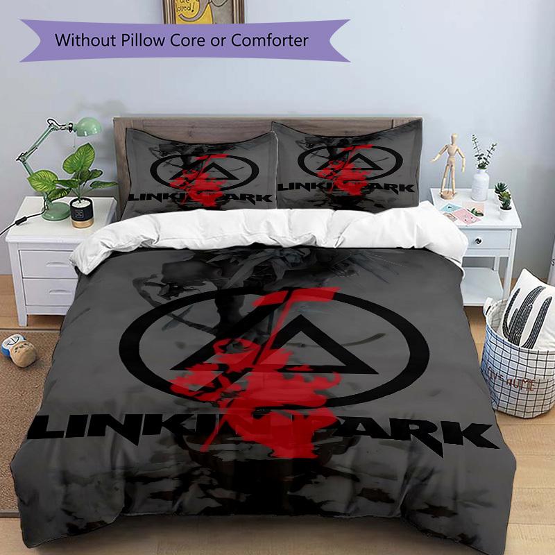 3 шт. Комплект постельного белья с принтом группы Linkin Park - Можно стирать в машине, Включает 1 пододеяльник и 2 наволочки, Без наполнителя, Для всех сезонов