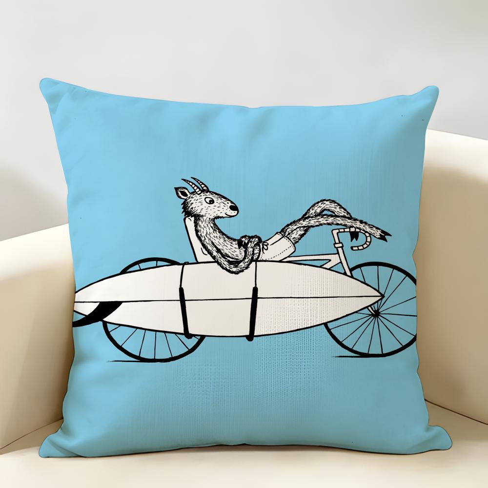 Funny Surfing Animals Cute Cushion Cover Natural Linen Organic Fabric DoubleSided Printing Room Sofa Decor Pillow Case