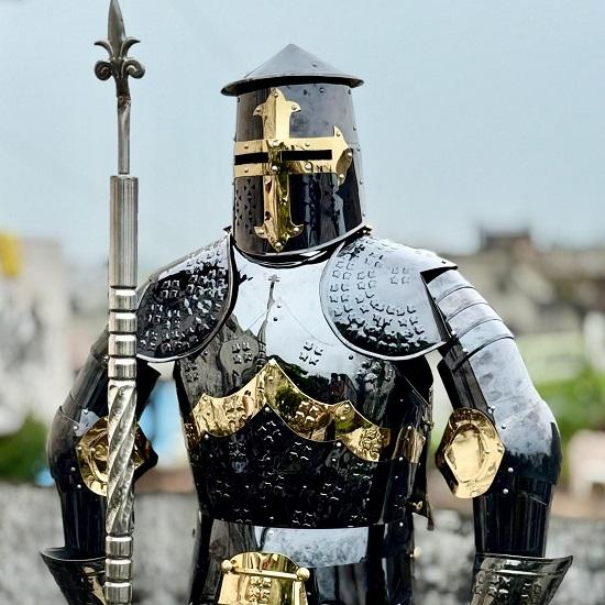 Full Body Templar Knight Armor Black Stainless Steel Suit with Mirror Finish Stand for Cosplay, LARP, Display And Reenactment Use