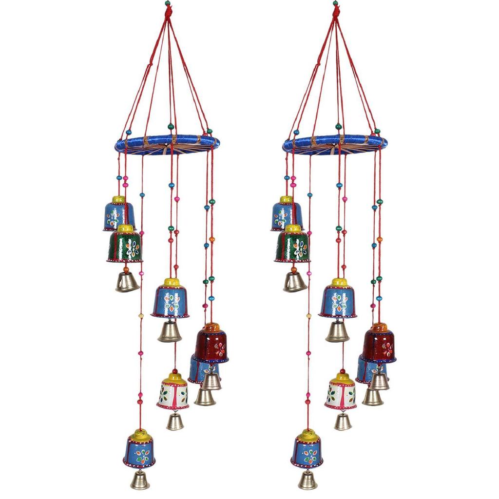 Handcrafted Wall Hanging Bells with Ring|Traditional Rajasthani Hand Painted Bells for Home Decoration,Pack of 2 (Multicolor), Plastic