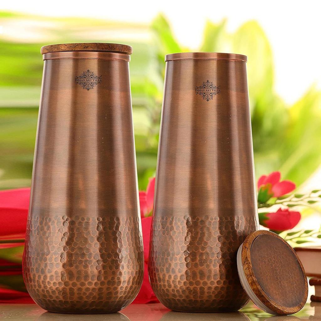 Pure Copper Bedroom Water Bottle with Wooden Lid, Aqua Vase Design with Bottom Hammered Dark Lacquer Finish - Volume 1300 Ml (Pack of 2)