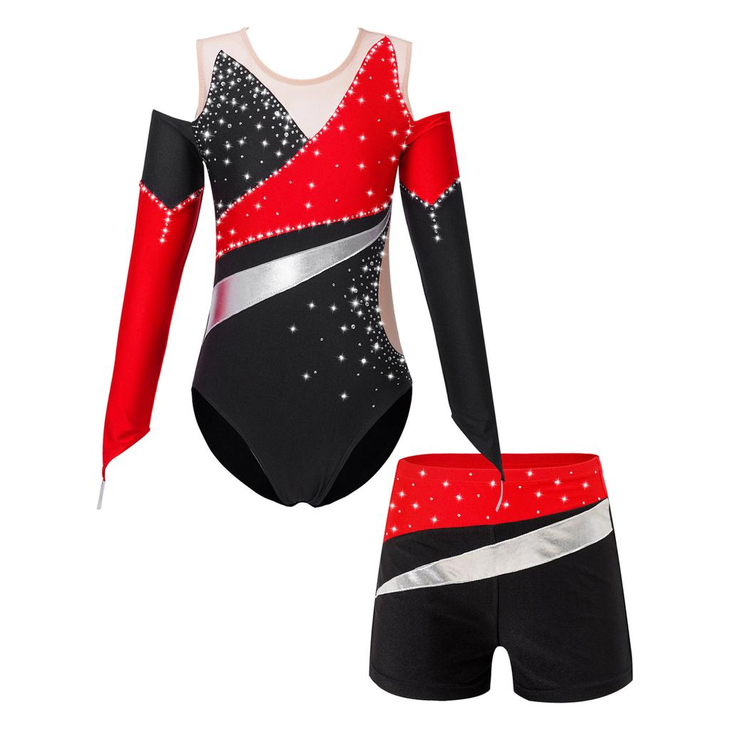 Kids Girls Dancing Bodysuit Long Sleeve Off-shoulder Patchwork Style Leotard Unitard Ballet Jumpsuit with Shorts