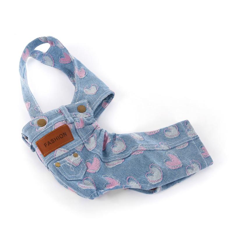 BXX Small Dog Denim Overalls With Cute Heart Print Pet Clothes For Teddy Bichon Shih Tzu Lightweight Daily Wear