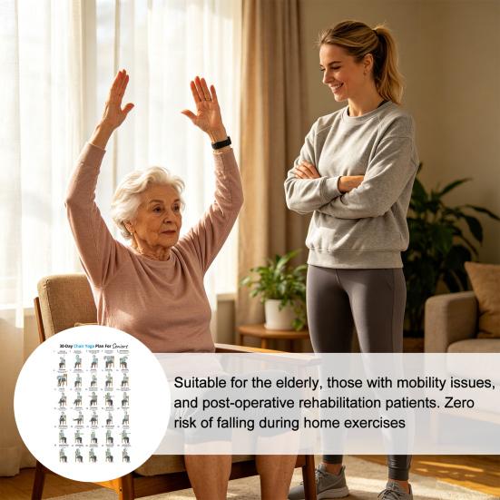 2Pcs Chair Yoga Poster Set, 30 Day Seated Exercise Chart for Seniors, Gentle Stretching Workout Guide for Elderly, Strength Training Wall Art