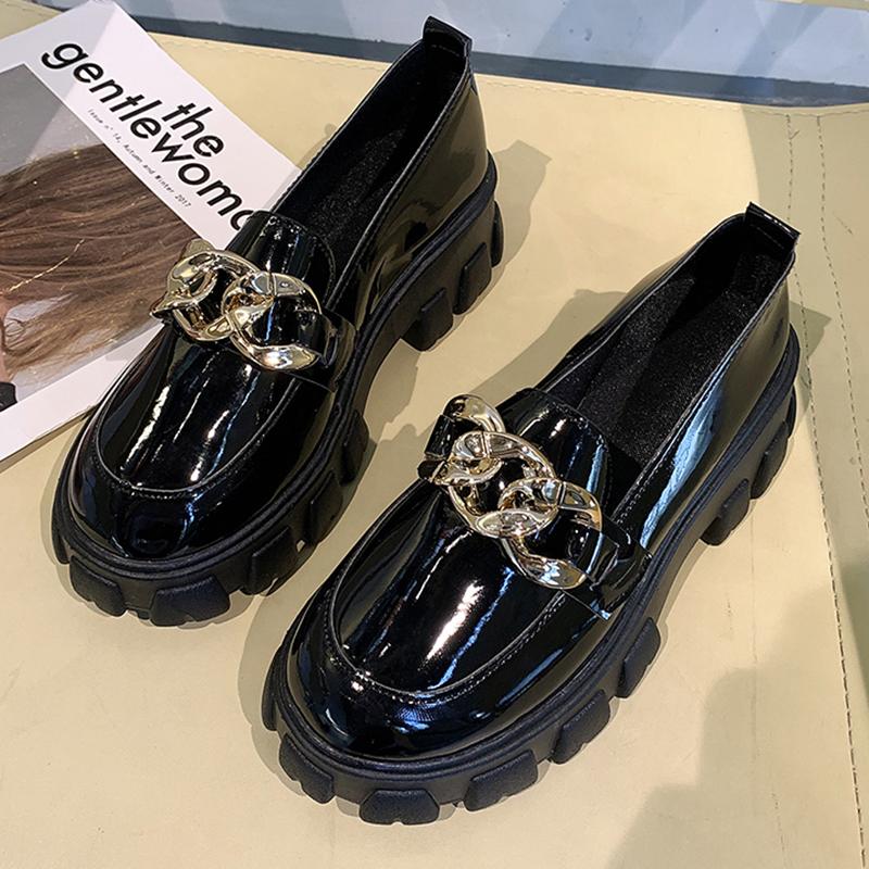 2024 Женская обувь Женская мода Мэри Джейн с круглым носком на плоской подошве Лоферы Оксфорды Платформа Повседневная металлическая цепочка пряжка Женские каблуки Черный