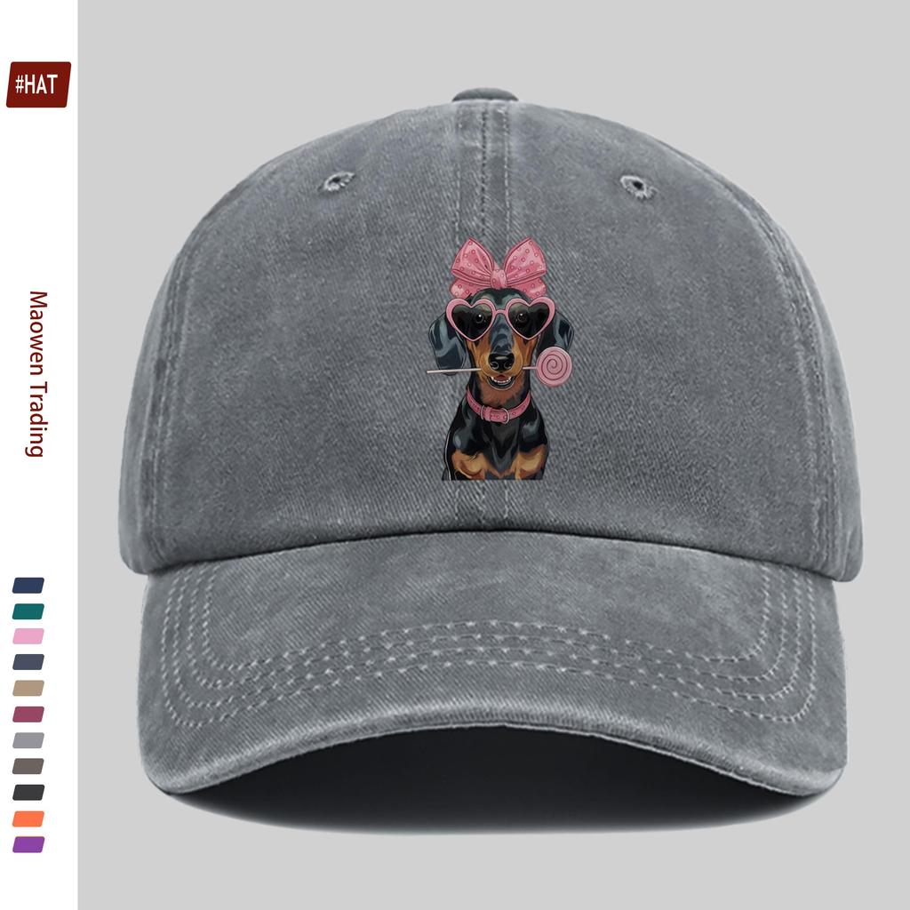pc Cute Dachshund Pattern Printed Baseball Cap with Pink Bow Design Sun Hat Comfortable Lightweight Trucker Style Decor Hat A