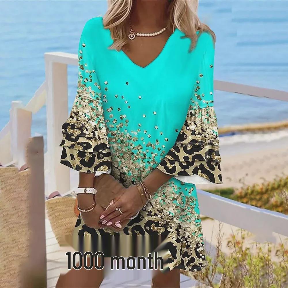 Leopard Print V-Neck Loose Color Block Summer Beach Dress for Women