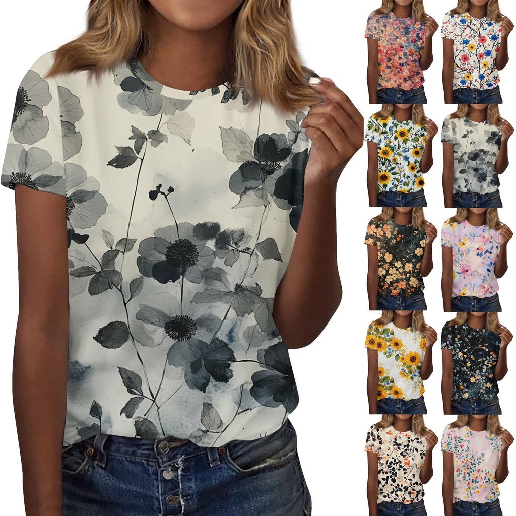 Women's Fashion Casual Printed Round Neck Short Sleeved T-Shirt Top T-Shirt Top Top