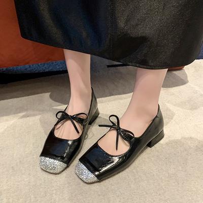 Женская обувь 2024 года, новые однотонные туфли с квадратным носком, неглубокий средний каблук, женская обувь, модные туфли без застежек с бантом, женские туфли на высоком каблуке