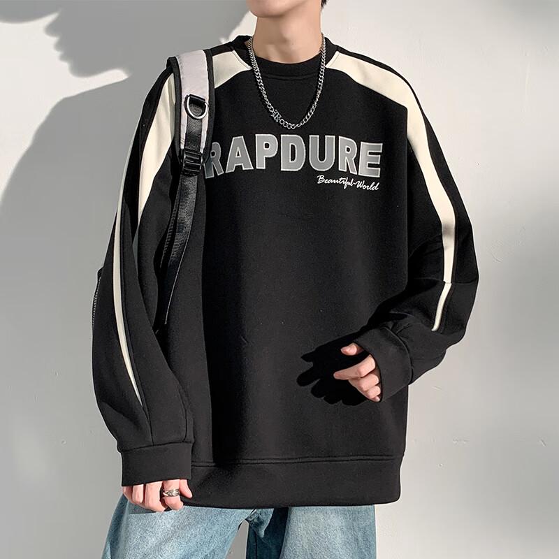Dingfengbaoluo American-Style Sweatshirt for Men, Spring Vintage Long-Sleeve T-Shirt, Trendy Color-Block Patchwork, Loose Round Neck
