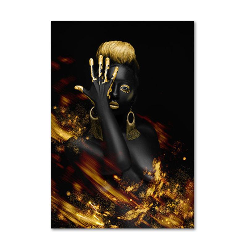 Черно-золотой африканский художественный постер с принтом, женская картина на холсте, настенная живопись Cuadros, скандинавское украшение, домашняя картина для гостиной