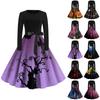 Halloween Print Flare Dress For Women Long Sleeve Dress Hollow Party Casual Dresses
