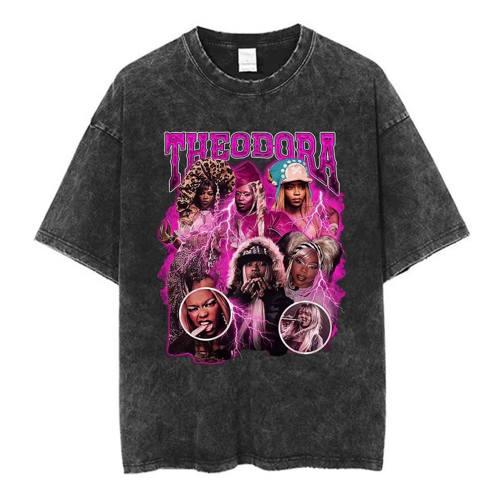 Washed Vintage Rapper Theodora Mega Bbl Graphic T Shirt Men Women Hip Hop Fashion Tshirt Casual Oversized Short Sleeves T Shirt