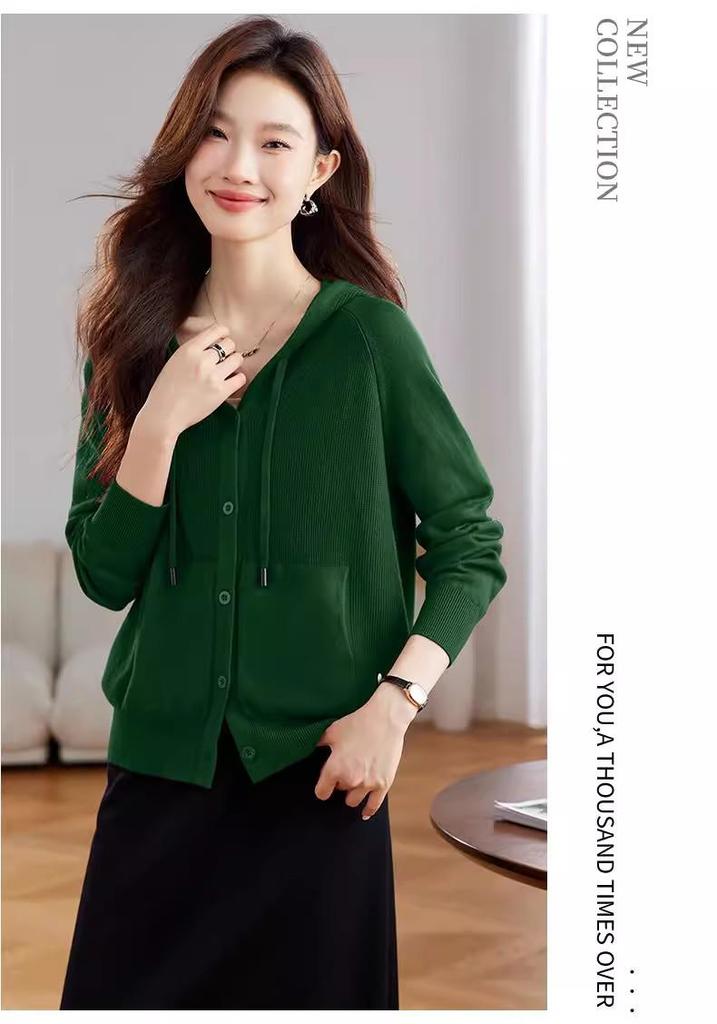 2026 Spring/Autumn Women's Hooded Knit Cardigan - Casual Loose Fit, Slimming Sweater Jacket
