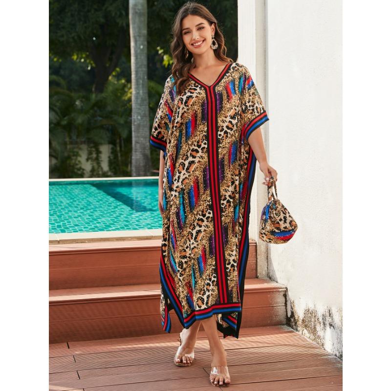 Женская мода лето весна леопардовый принт рукава 1/2 V-образный вырез свободная талия повседневные платья