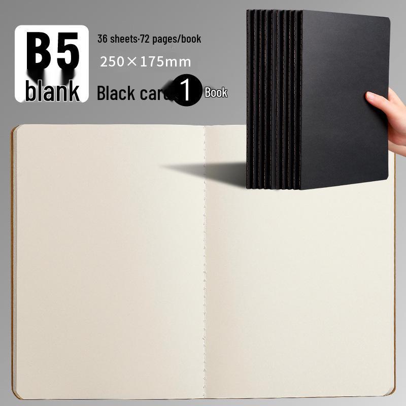 A5/A4 Black Kraft Paper Notebook with Lined, Grid, and Blank Pages - Extra Thick Saddle Stitch Book