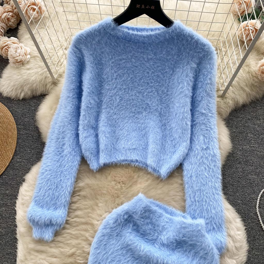 Осенний женский милый вязаный свитер из мохера, костюм с круглым вырезом, пуловер с длинными рукавами, топы + облегающая юбка-карандаш с высокой талией, женский однотонный комплект из двух предметов