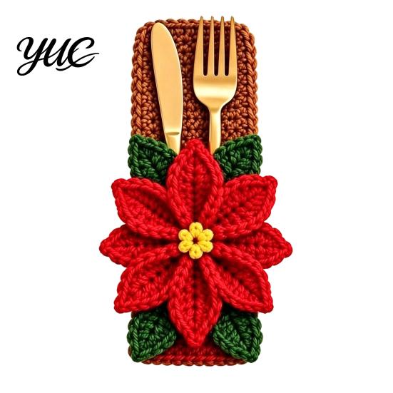 Tableware Storage Bag Christmas Crochet Cutlery Holder, Santa Snowman Reindeer Tree Flower Knife Dining Table Accessories Fork Spoon Sleeve