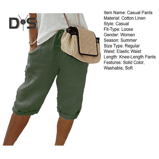 Повседневные брюки с карманами, дышащие, с эластичной резинкой на талии, однотонные, в винтажном стиле, свободные брюки до колена с завязками для женщин