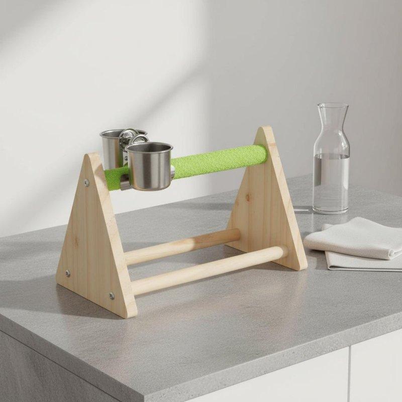 Desktop Avian Perch with Feeding Cups Rough Surface Triangle Avian Stand Wooden Parrot Training Perch Portable Pet Accessory