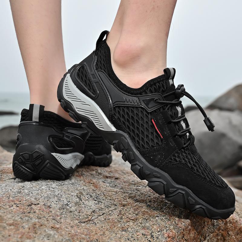 Men’s Outdoor Hiking Shoes Grey Driving Shoes Casual Slip on Summer Black Mesh Shoes Plus Size 45 46