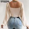 WTEMPO Women's V-Neck Off-Shoulder Blouses Summer Drawstring Bandage Long Sleeve Tops Ladies Korean Fashion Short Clothes