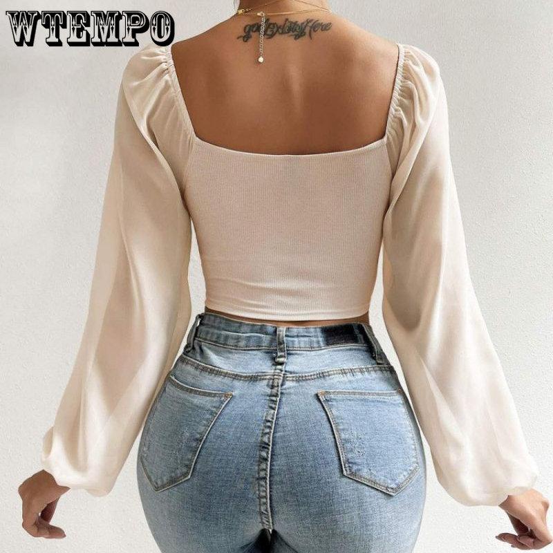 WTEMPO Women's V-Neck Off-Shoulder Blouses Summer Drawstring Bandage Long Sleeve Tops Ladies Korean Fashion Short Clothes