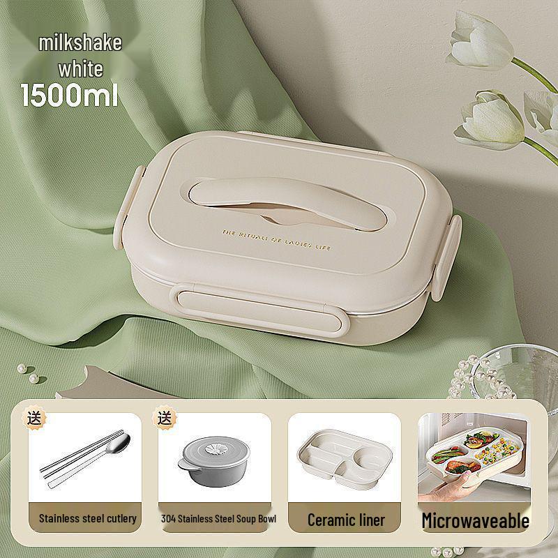 Insulated Ceramic & Stainless Steel Bento Box: Microwave-Friendly Lunch Box for Office & School, Divided for Easy Meal Storage.