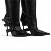 Fashion New Black Belt Buckle Tab High-heel Knee High Boots Autumn Winter Women Fashion Pole Dance Pointed Solid Color Long Boots 35-44